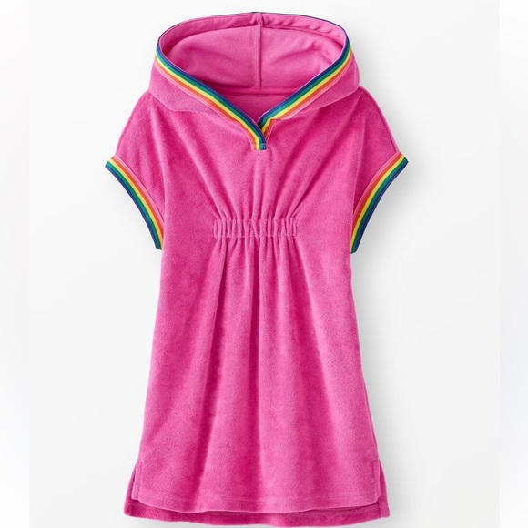Hanna Andersson Other - Hanna Andersson Terry Cloth Pink Hooded Swim Cover-Up Rainbow Trim SZ S Girls
